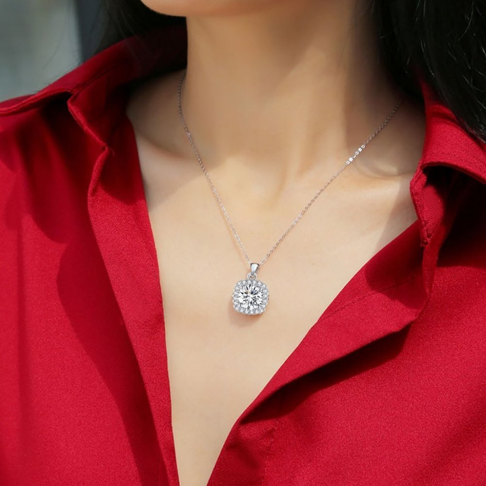 Certified 5ct. t.w. Moissanite Diamond Square Halo Necklace NEW - Picture 3 of 12